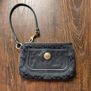 Coach Black Leather Signature Canvas Small Wristlet Wallet Bag